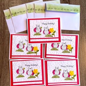 HandCrafted 5 pk Lady Bug Happy Birthday! Holiday Cards Blank Inside Envelope